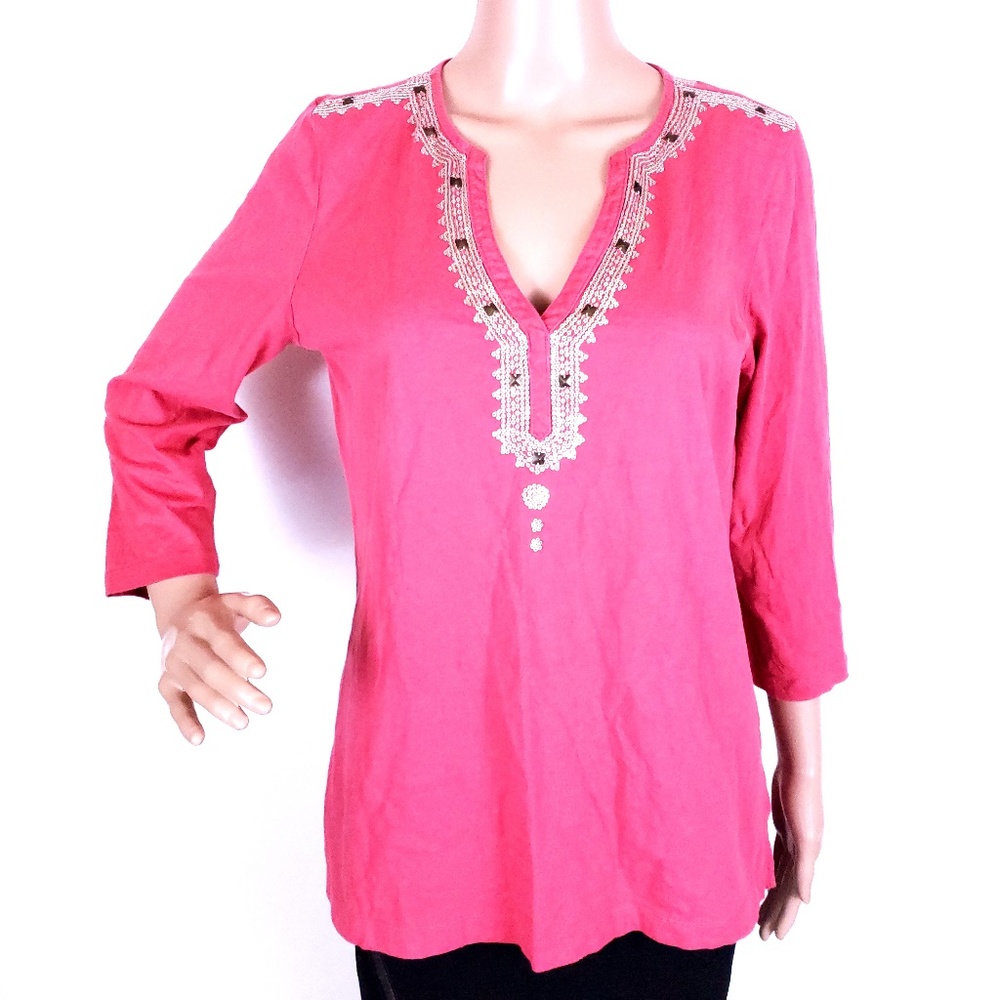 Talbots Women Top Blouse 100% Cotton Sequin 3/4 Sleeves Pink Size M